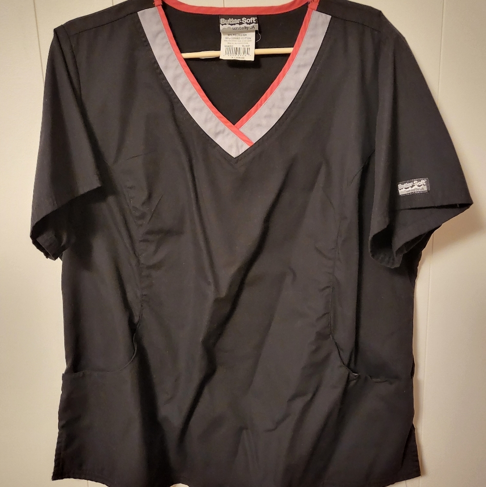 Black with grey and red trim scrub top
